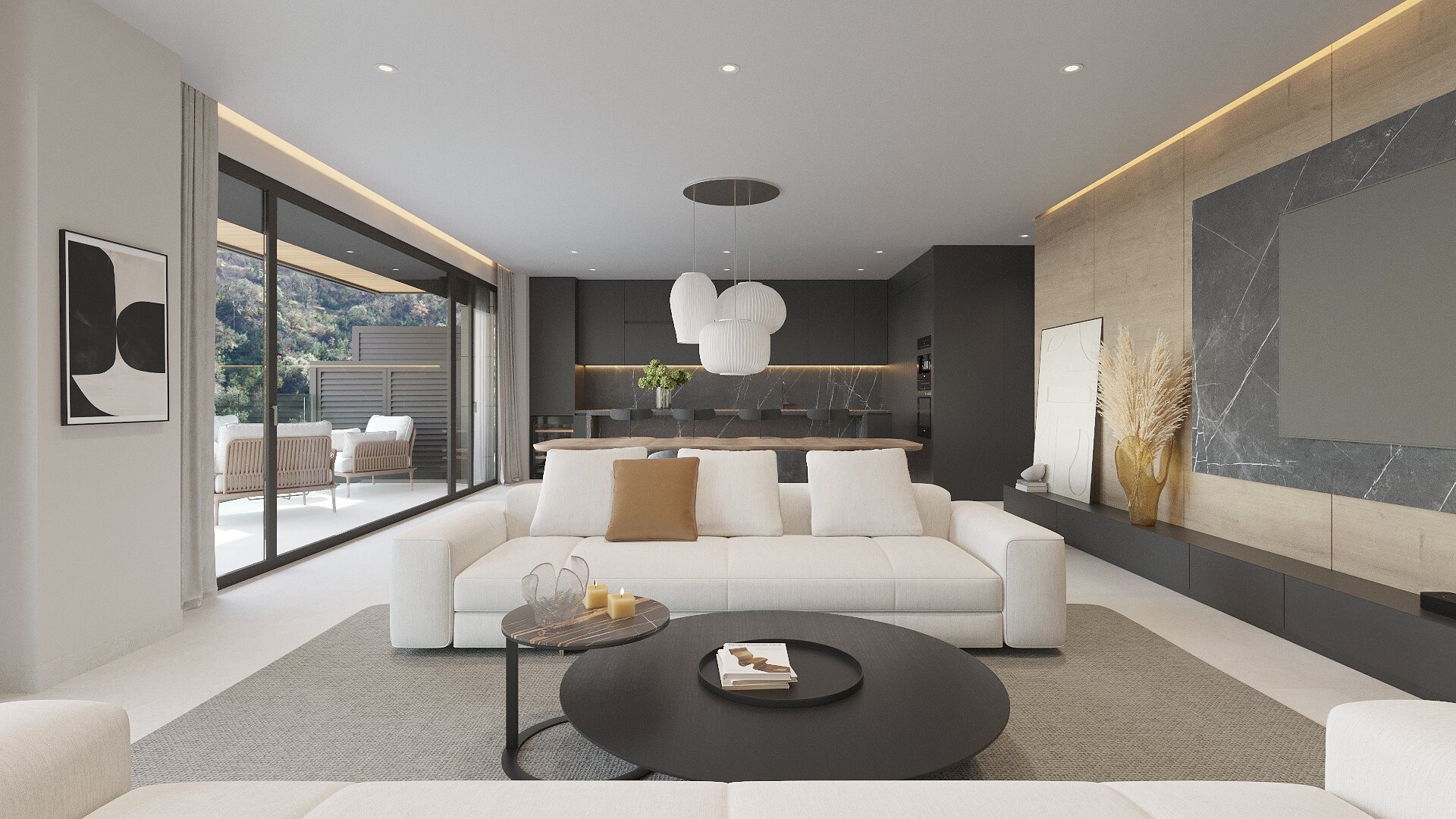 Interior d'un apartament Llaureda — saló amb acabats de qualitat i gran lluminositat