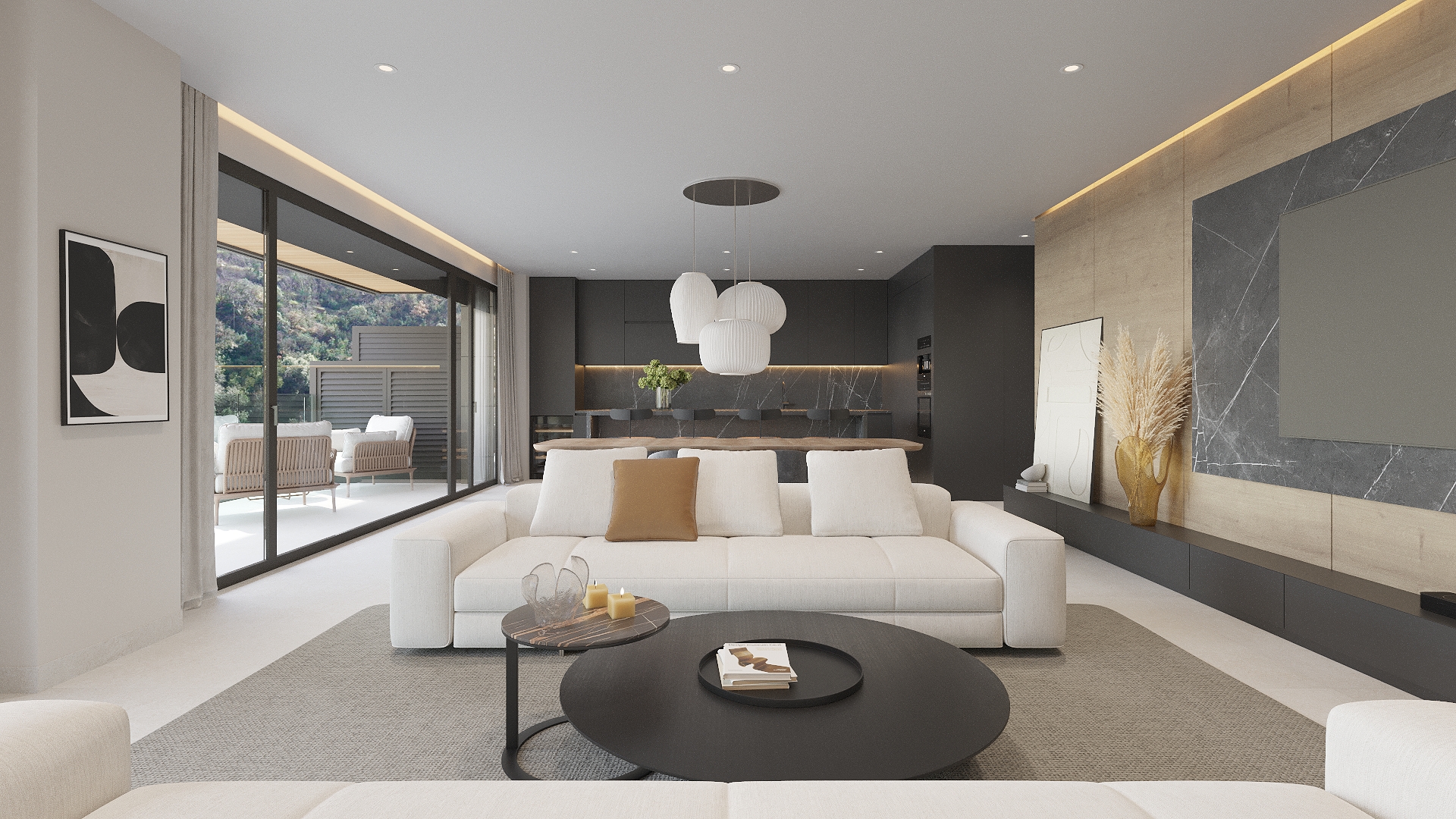 Interior d'un apartament Llaureda — saló amb acabats de qualitat i gran lluminositat